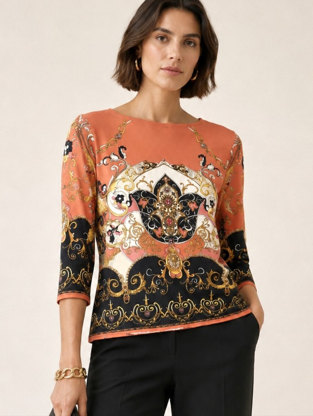 Talbots Classic Print Cotton Top In Fall Colors